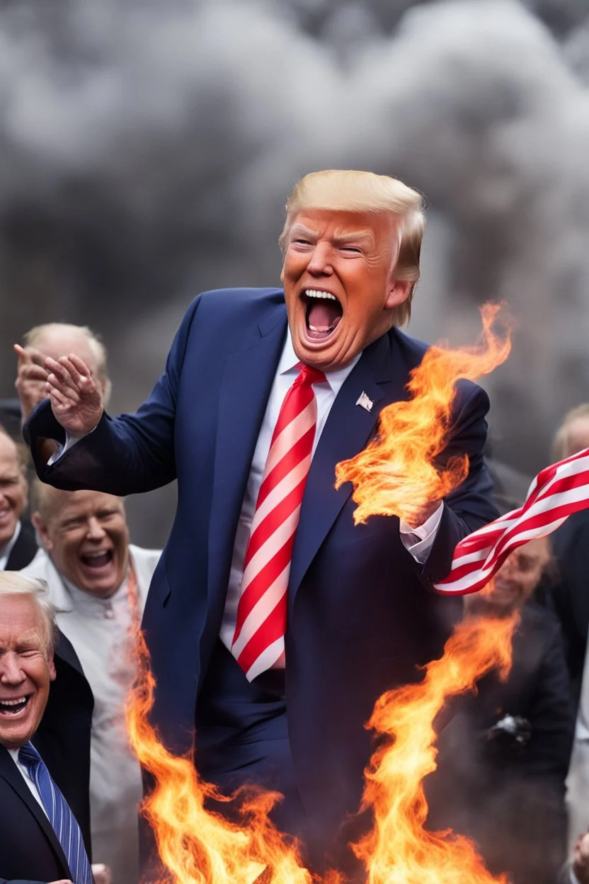 donald trump maniacally laughing, burning the american flag