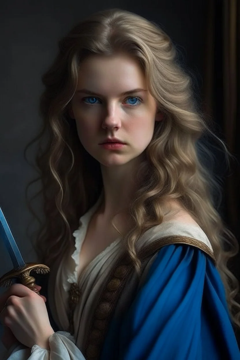 charming regency rogue with dark brown hair, brown eyes facing a beautiful regency long blonde hair, blue eye femme fa·tale with a sword in her hand