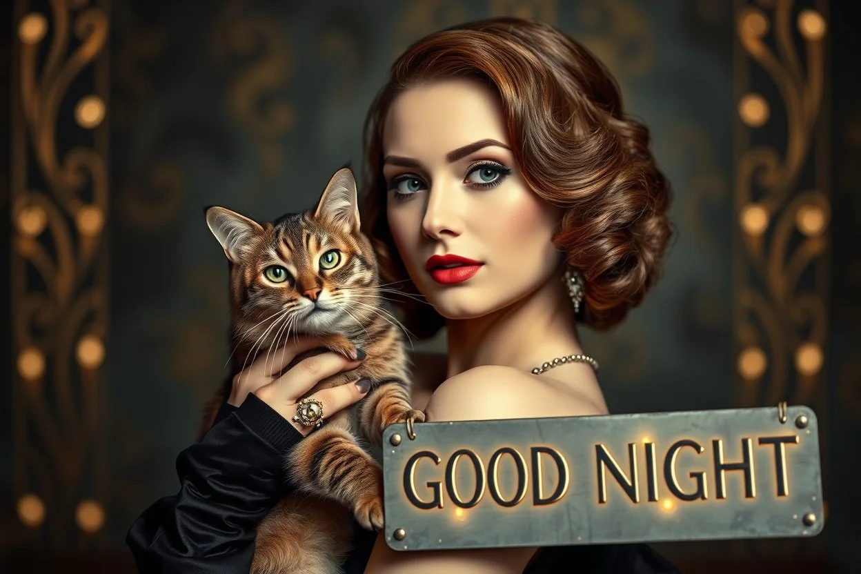 photo, portrait of a beautiful art deco woman with a cat, sign "GOOD NIGHT"