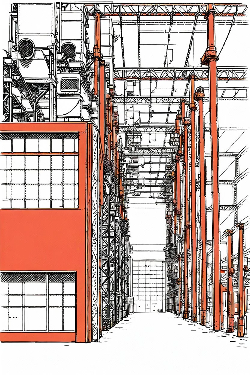 Industrial warehouses, line arts, manga style