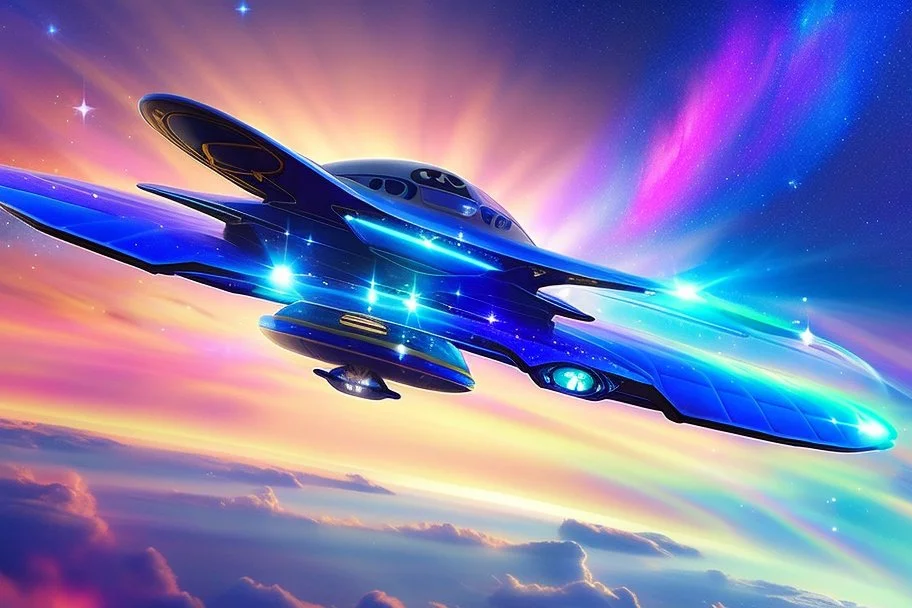 a cosmic beautiful flying saucer made of crystals and light is flyng INA MAGIC BRIGHT SKY OF A GALAXY. IT IS PASSED BY A VERTICAL SHINE FROM TOP TO BOTTOM. IT'S FLYNG ON A FAIRY Landscape