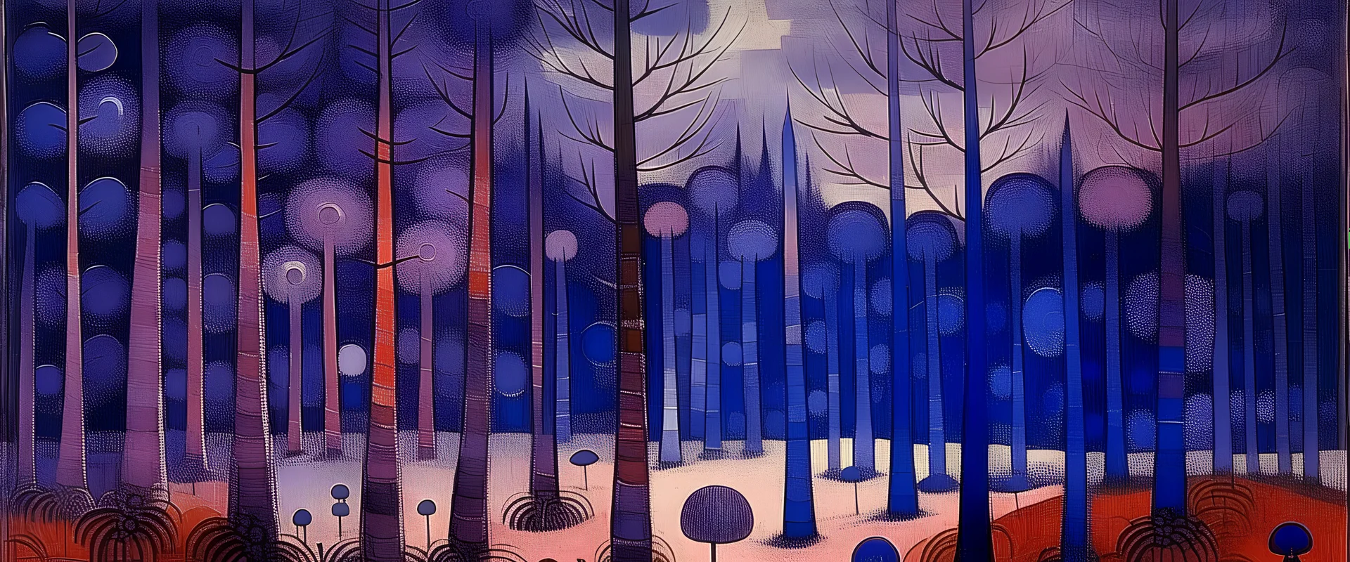 A purple shadowy forest with mushrooms painted by Paul Klee