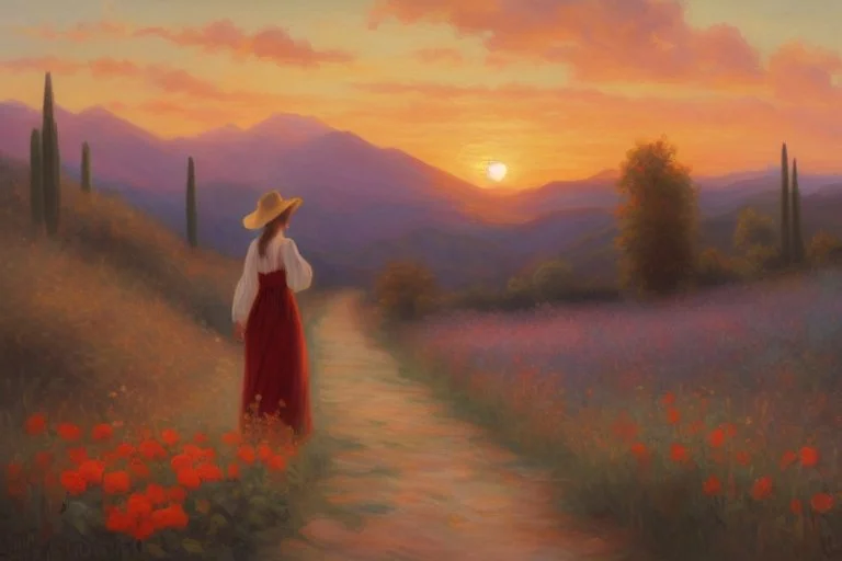 beautiful sunset, one woman looking a flowers, mountains, pathway, gothic disturbing influence, witchcraft influence, rodolphe wytsman, jenny montigny, and friedrich eckenfelder impressionism paintings