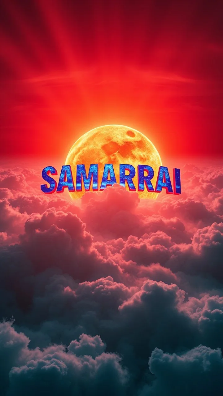 A huge ball of fire above swirling “ clouds, the word “ SAMARRAI “ in 3D color blue emerges from the heart of a raging storm , all red. Turbulent winds of steam swirl around the sun lit by shafts of sunlight that cast dramatic shadows on the A beautiful sun , all in red colours , High quality 16k cinematic scene and great photography