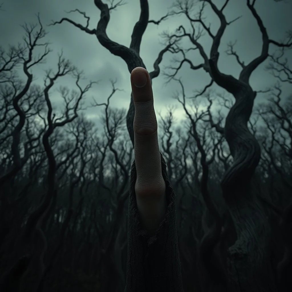A dense, shadow-filled forest at twilight beneath a gloomy, overcast grey sky, the trees twisted and unnaturally shaped. Their bark slowly cracks open to reveal countless human fingers peering out, blinking silently. Camera zooms in closely on a single, large finger embedded deeply into the trunk, fixating intensely on the viewer as thin veins pulse and dark fluid begins seeping gently down the bark.