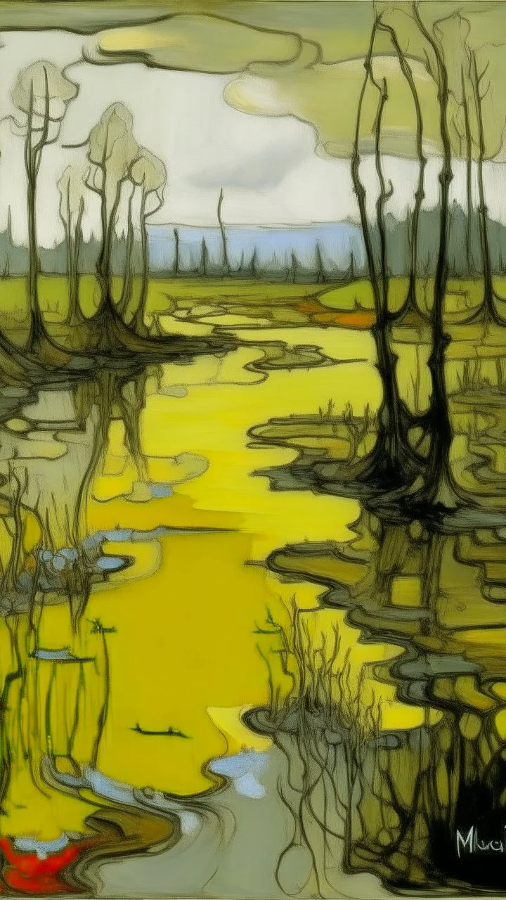 A swamp near a volcano painted by Piet Mondrian