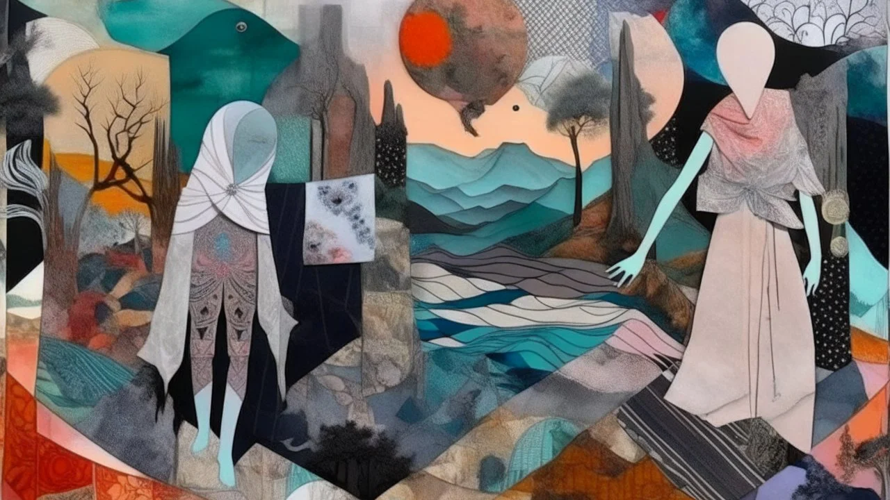 A fabric collage featuring ethereal figures in a surreal setting, with abstract backgrounds and rich textures