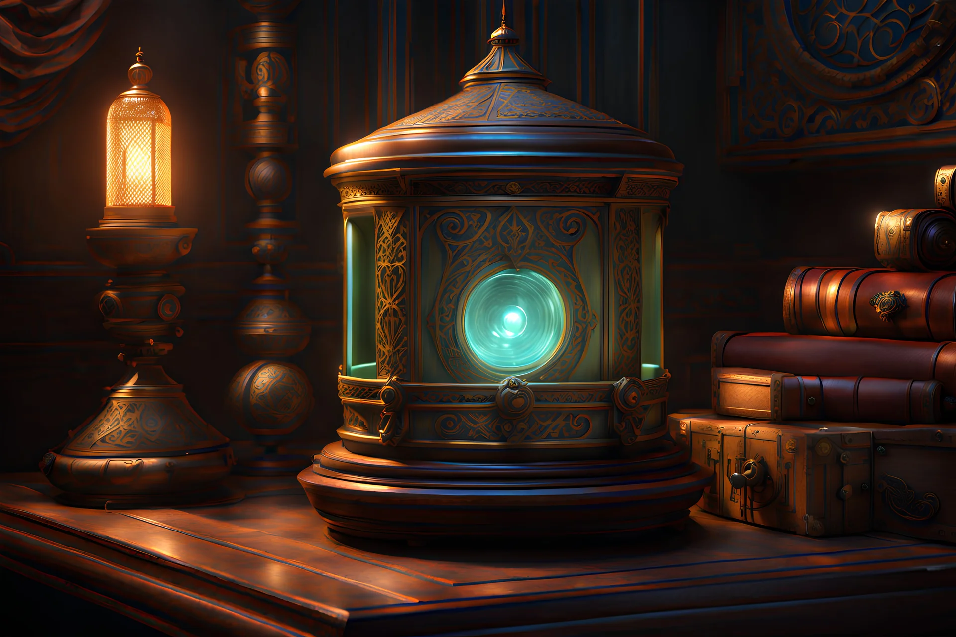 Belzaran's magic button box. fantasy concept art, exquisite realism, a masterpiece, dynamic lighting, hyper detailed, intricately detailed, deep color, Unreal Engine, volumetric lighting , Epic cinematic brilliant stunning intricate meticulously detailed dramatic atmospheric maximal,