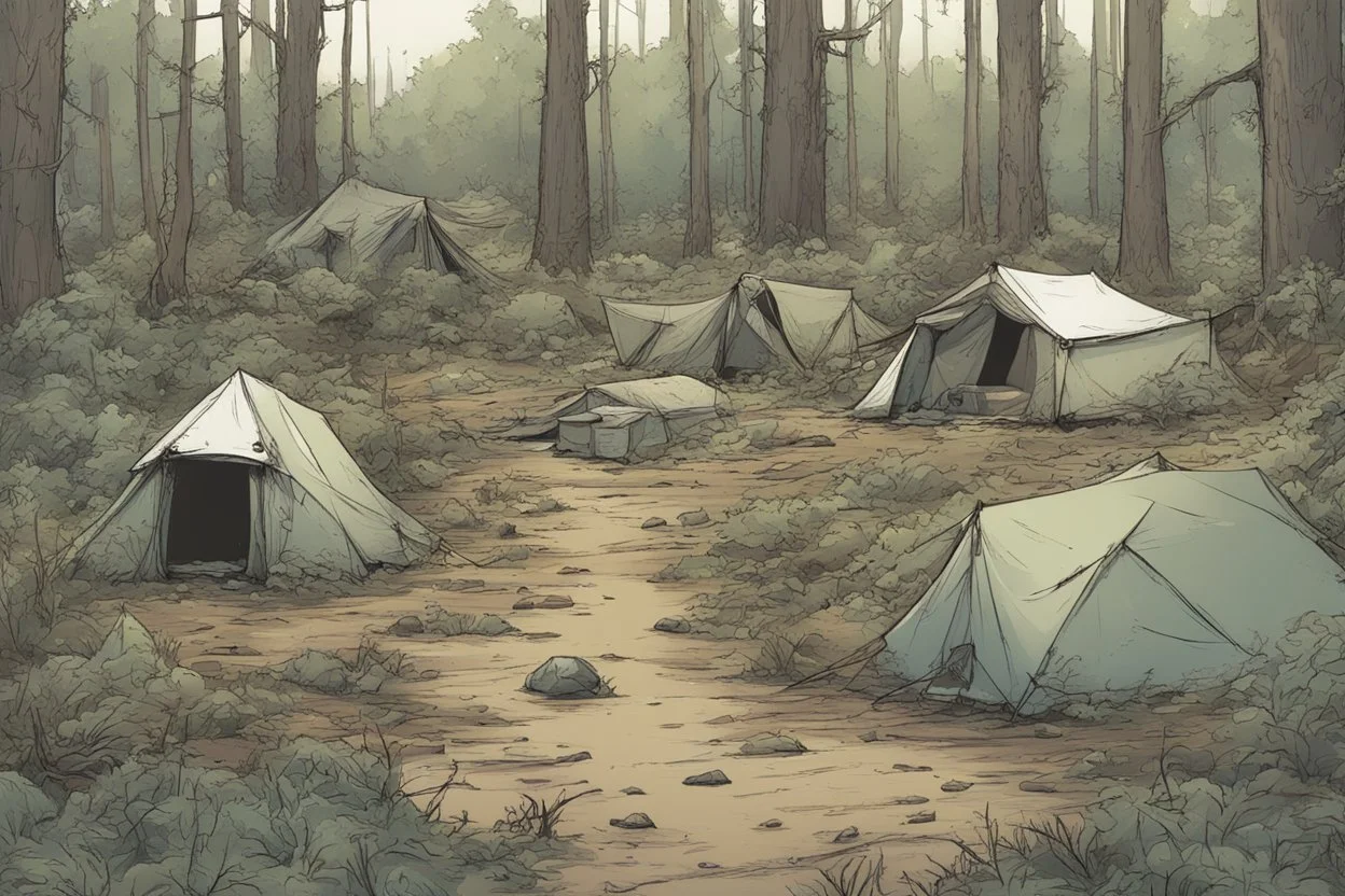 campsite, tents, overgrown, post-apocalyptic, comic book, forest