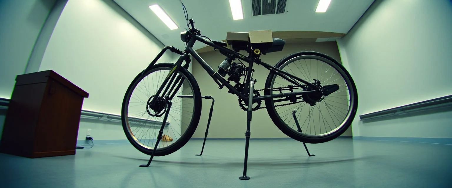 pinhole cam, weird geometry sacred, airbrush 3d rendering, integrated_multimodal_description: [Shot 1] A five-second cinematic single take in a clean industrial presentation hall. A bizarre mechanically plausible bicycle machine stands beside a presentation podium, designed to look like a giant mechanical praying mantis. Two large bicycle wheels form its main body and four thin articulated mechanical legs support it. Two long folded mechanical front arms resemble mantis forelegs.