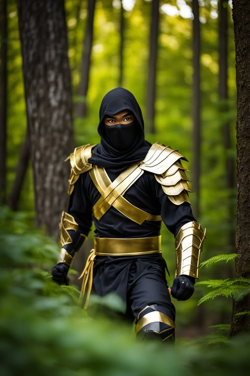 Photograph Black Ninja Assassin suit Golden armor,forest background