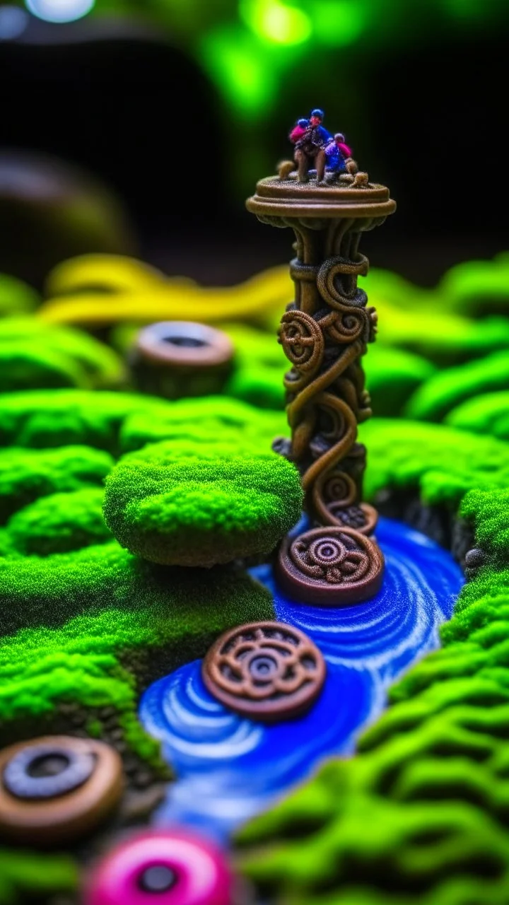 macro of a oniric board game with a small spiral staircase that ends in a wild waterfall, fujifilm, behind a huge orc hand opens like a storm, odd atmosphere, brighten dawn, high detail level