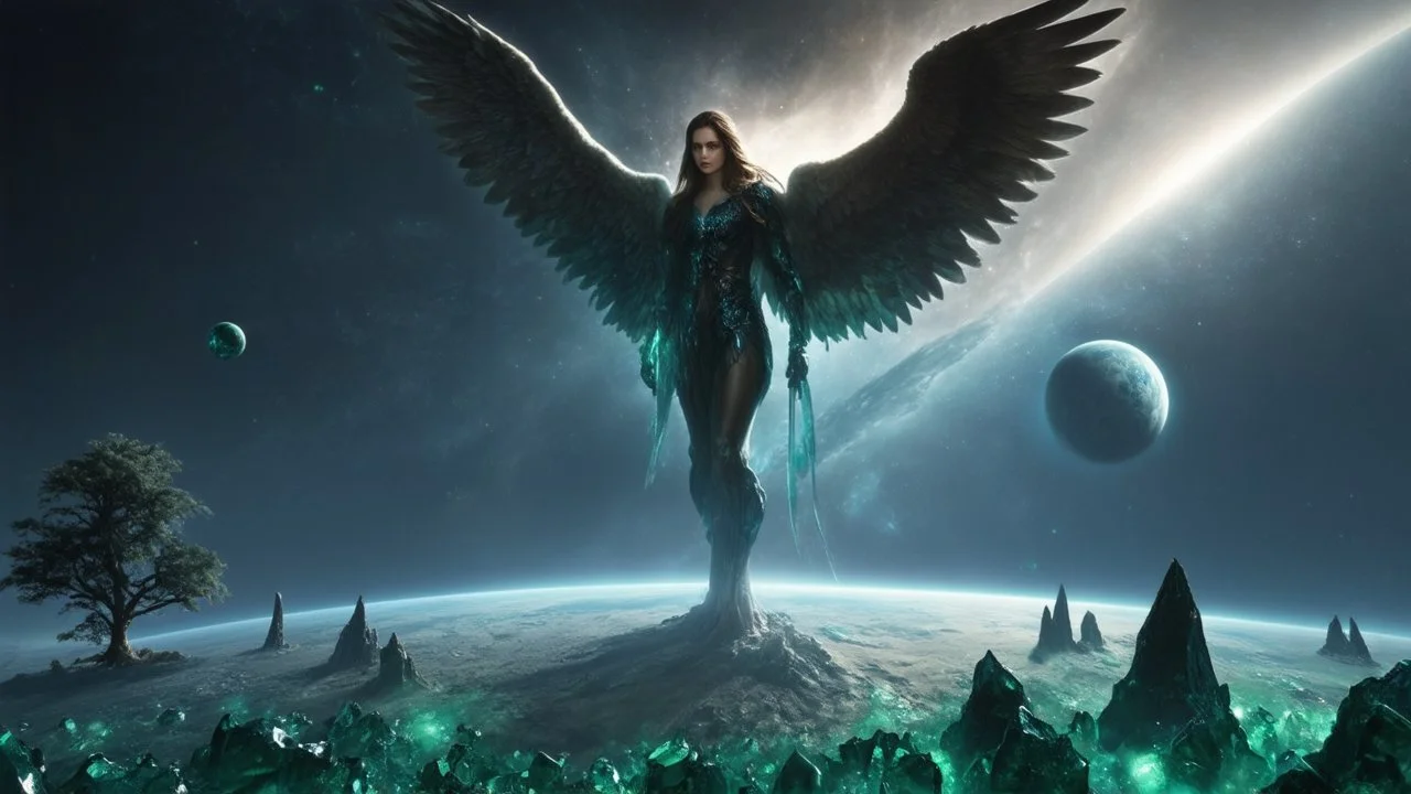 matrix universe, space, planets, god creation, angels from other dimensions with beautiful wings, trees on the planet, behind green crystals of light, few tiberium monolith deposits on the planet near tree,