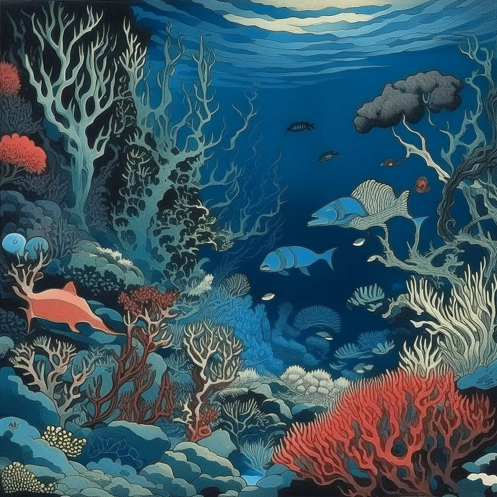 A dark blue coral reef with marine animals painted by Utagawa Hiroshige