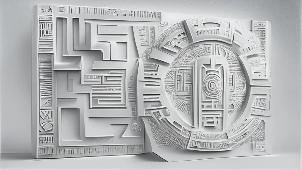 futuristic, realistic, mayan lettering on white matte metal plate