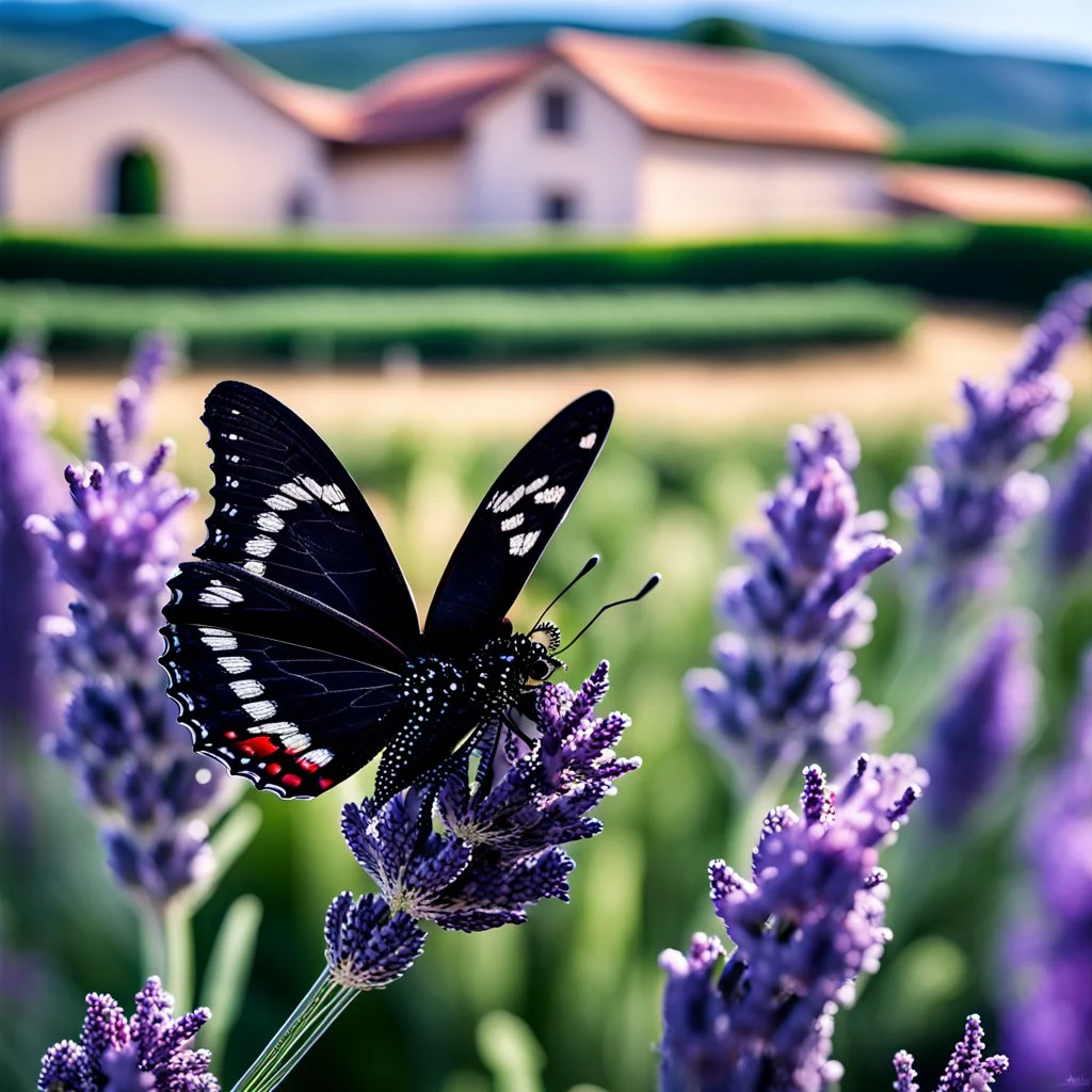 Ultrarealistisches Foto eines wunderschönen schwarzen Schmetterlings mit silbernen Details aus Diamanten (grün und rot), der vor dem Hintergrund eines alten französischen Bauernhauses über ein Lavendelfeld in der Provence fliegt