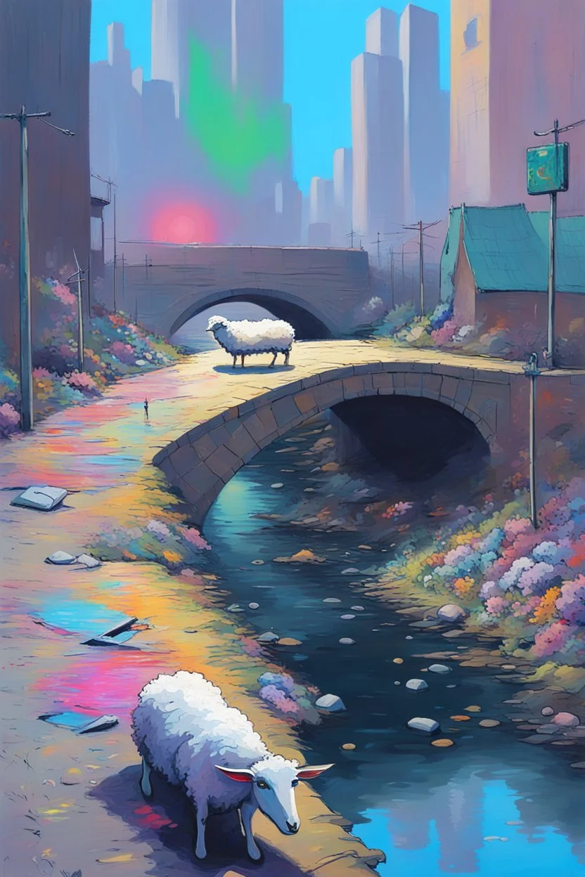 painting of a cyberpunk colourful natural walkway rubbish on the street in the city with pollution and a small bridge by a creek with electric sheep and androids by monet