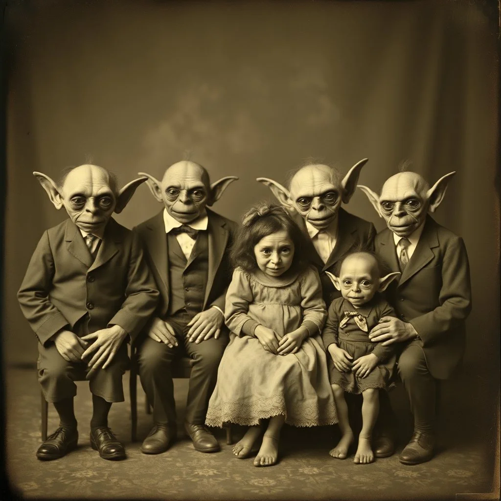 vintage family photograph of a goblins family posing for a formal picture, by Joel Peter Witkin, found footage, low contrast, vignette, bokeh, absurd