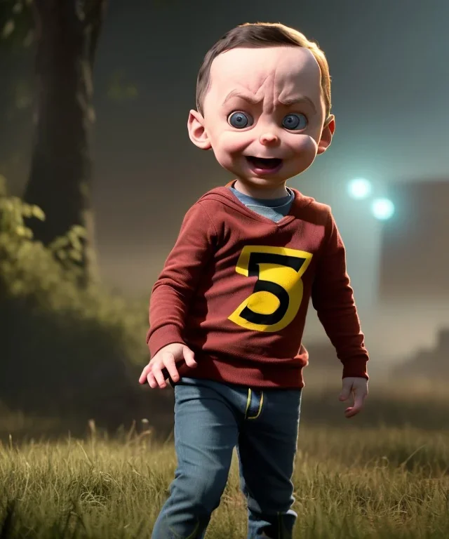 Sheldon cooper toddler, full body, dramatic lighting, angry, hyper realistic