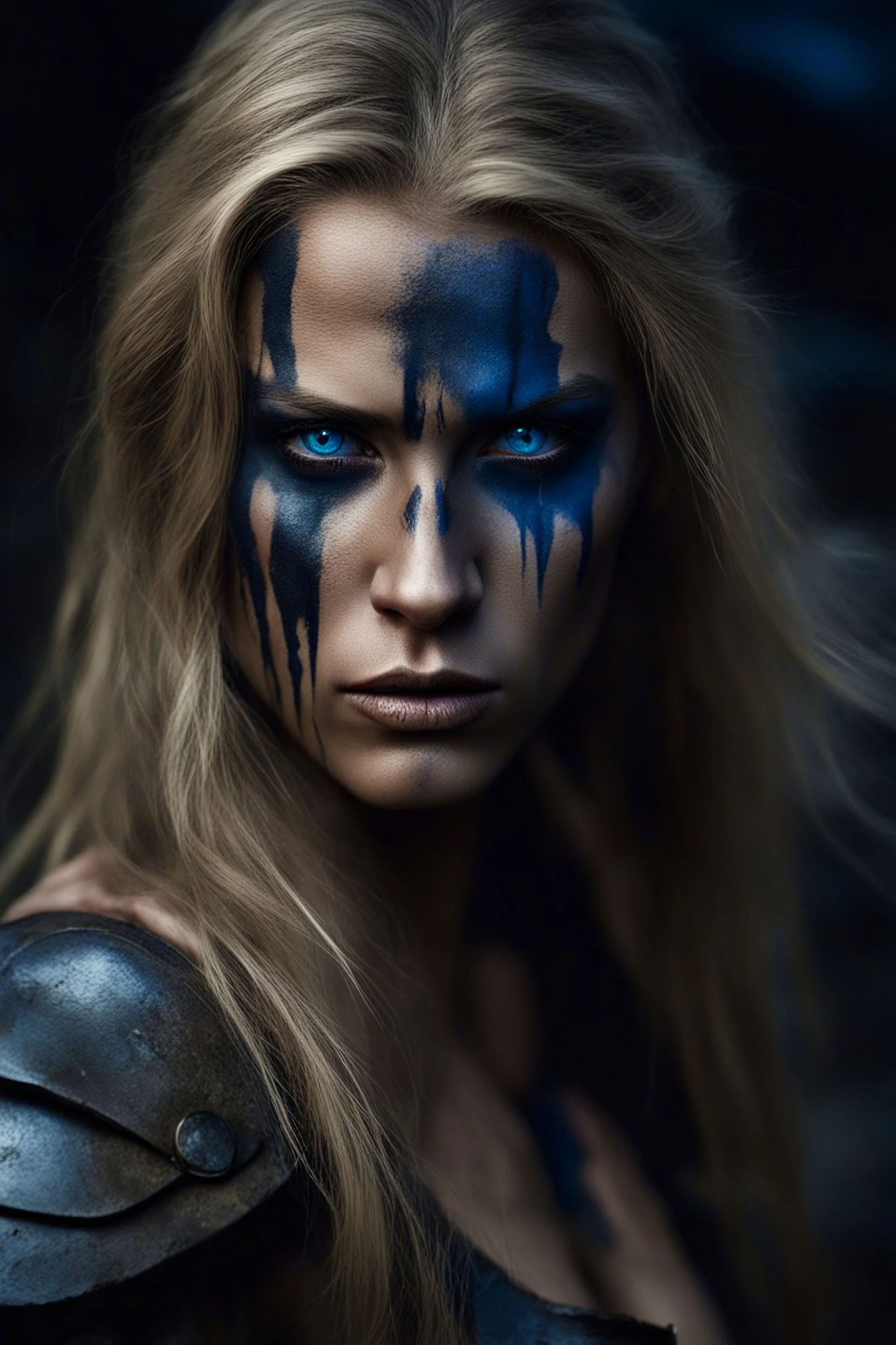 Woman long dark blonde hair, blue eyes, warrior, dirty, dark, angry, shadows, side view, nighttime, war paint on face