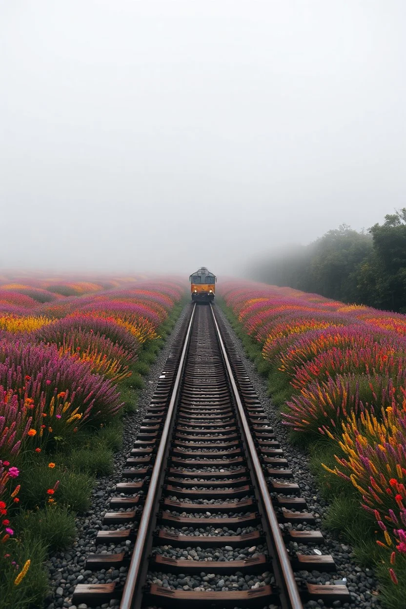 a train tracks in the middle of colorful wild flours , a train shows in distances coming forward , foggy, cloudy gray sky