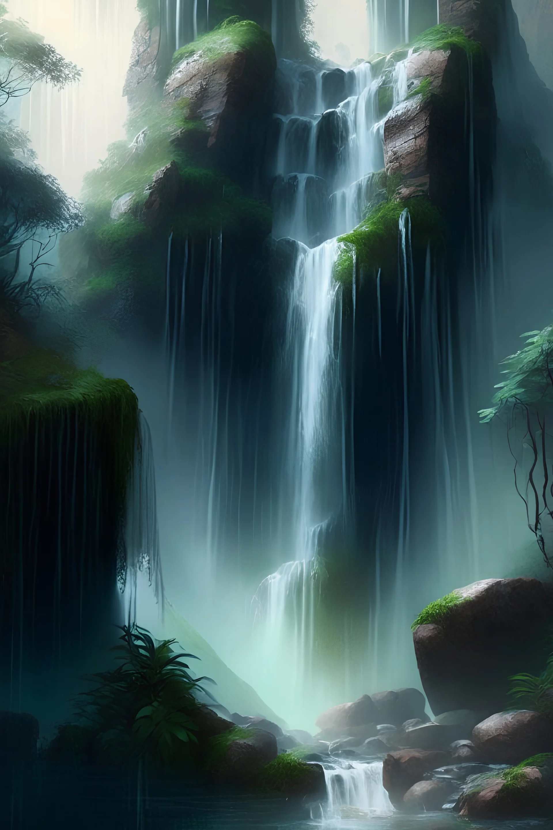landscape of tall waterfall with a misty pool at the bottom and mossy rocks, high-fantasy, digital art