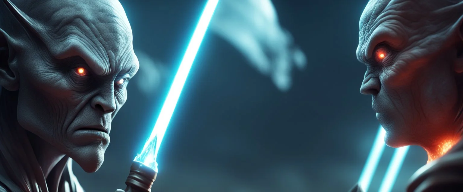 Close-up confrontation between an ancient alien outcast leader and a space broker, standing only a meter apart, intense eye contact, glowing crystalline rod between them, anger mixed with sadness, dramatic facial expressions, shallow depth of field, cinematic lighting, stylized 3D anime, airbrush painting, crisp outlines