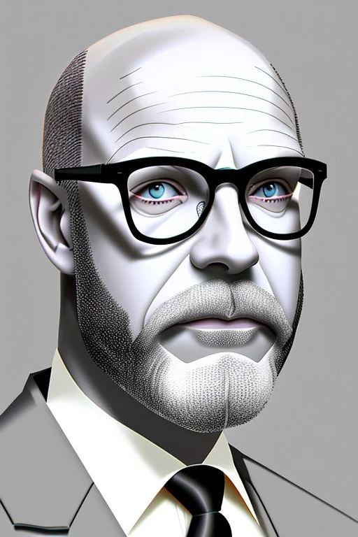 black and white,real estate agent,bald white male with grey beard,55 years old,metal frame glasses,, necktie,portly,detailed drawing,white background