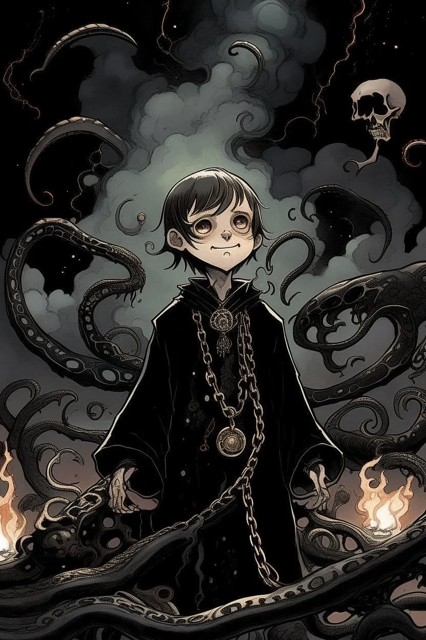 7 year old boy, necromancer, friendly, with tentacle coming out of his stomach, surrounded by weird smoke with eyes, wearing black robes, in the style of Harry Clarke