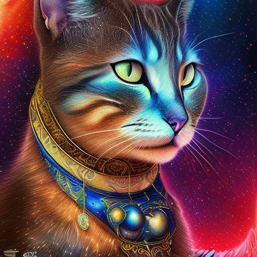 melted crayon drawing of mystical cat made of galaxy and milky way, 8k resolution, high-quality, fine-detail, ornate, baroque, muted colors, intricate, digital art, detailed matte, volumetric lighting, illustration, octane render,