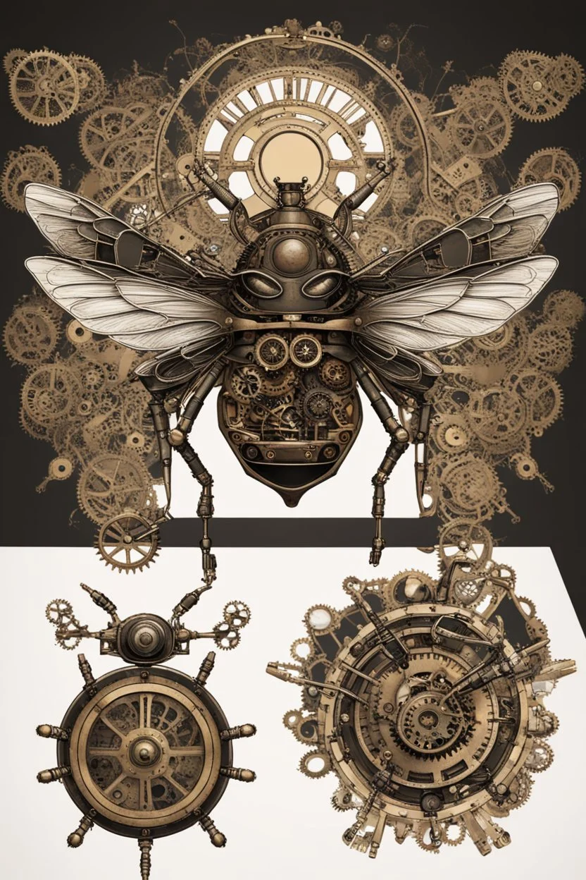 steampunk metal insect with wings, surrounded by cogs and springs, black background