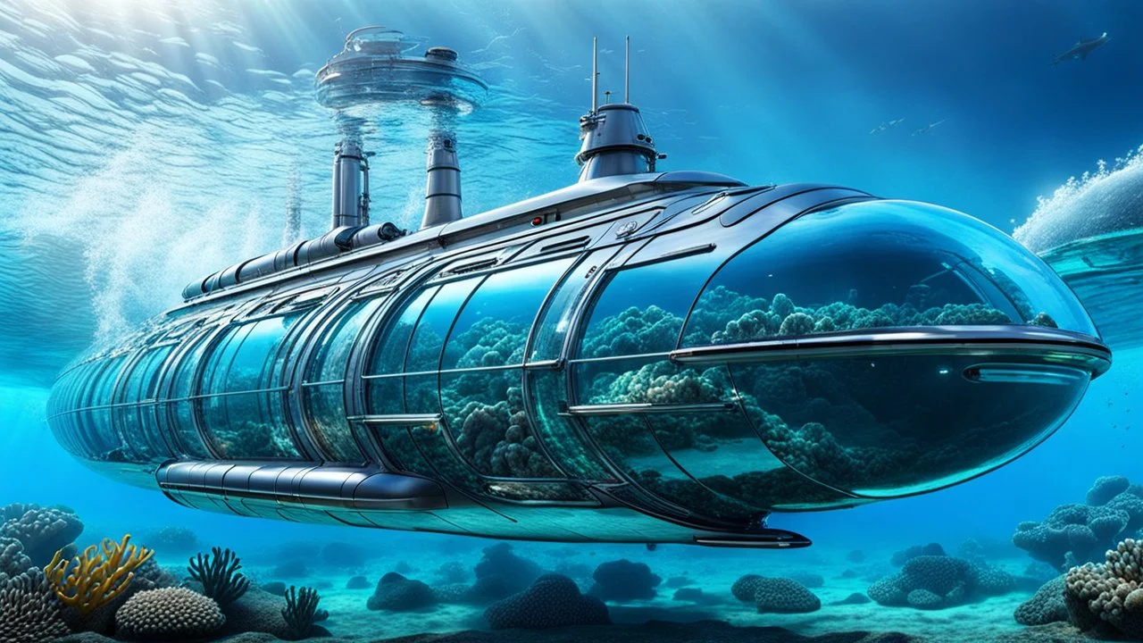 An unique futuristic glass and metal submarine in the ocean, with large of water surrounding it. The submarine bottom positioned in the center of the frame, providing a unique perspective on this streamlined high-techstructure and interior equipment underwater, high detalied, sharp focus, best shot, sci-fi mood