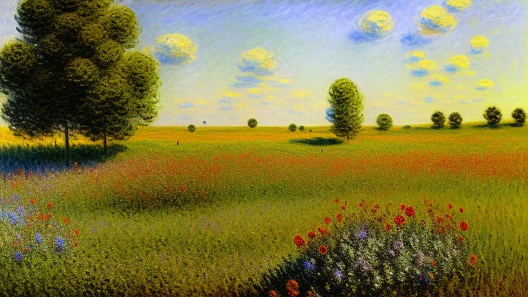 Sunny day, prairie, tree, flowers, claude monet painting