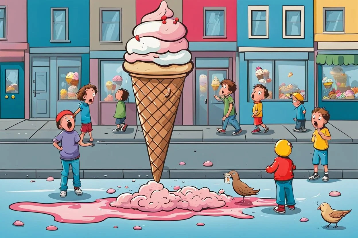 Fallen Ice-cream on the street in comic, caricature style, a dropped ice cream melting on street ground. Over standing a howling, crying little boy with big head. In backround adults with scared faces, people, funny birds. whimschical, detalied, funny comic picture