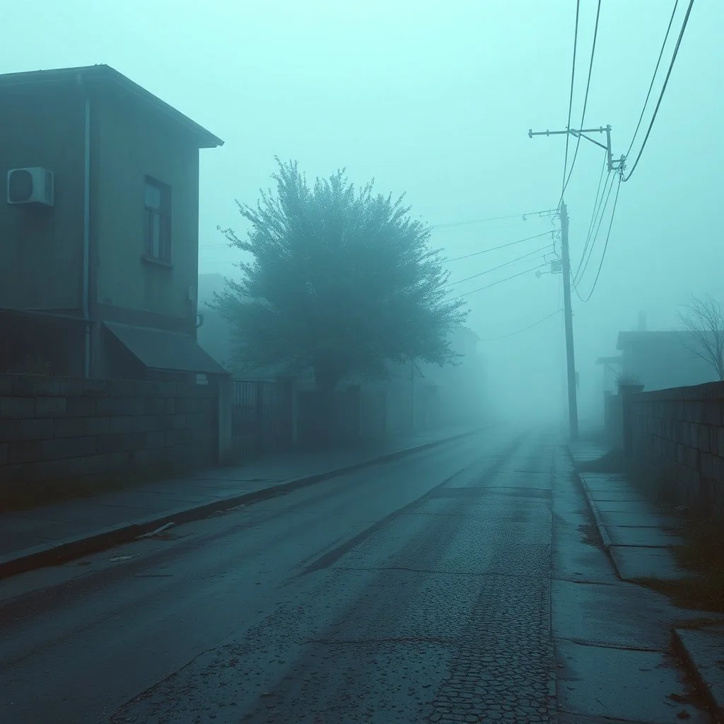 A schematic, nostalgic, Vlkolinec, Hyeronimus Bosch style cupo horror vaporwave-style image of a dimly lit, foggy street in the outskirts with a pastel blue and brown color scheme. The street has a textured, rough surface. There is a tree in the corner. The background contains a few buildings. The overall atmosphere is eerie and foggy.