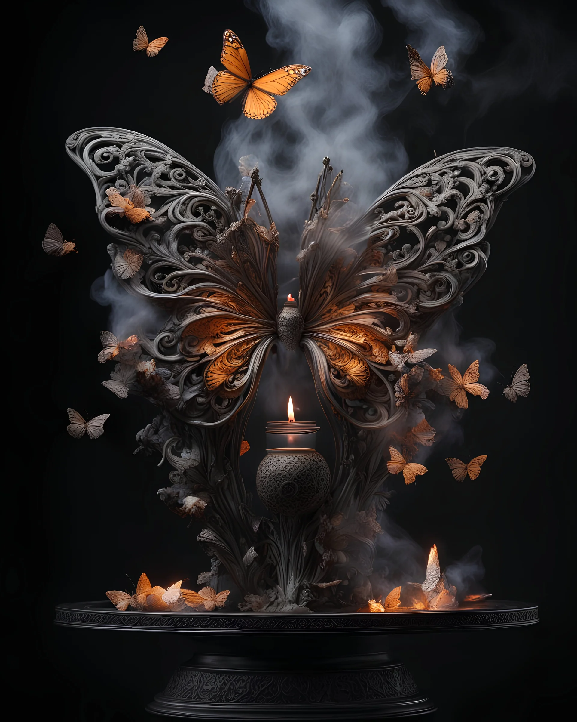 4K-Bildes einer hybriden Skulptur, eine Mischung aus exotischer Blume und Metall, komplizierte Details, eine halb brennende Kerze in der Mitte, die Skulptur schwebt in einem schwarzen Raum mit Schmetterlingen aus Rauch.