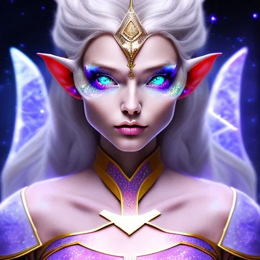 cosmic mage, elf, female, battle mage, cosmic sword, epic, cosmic magic, staff, long ears, white hair, face details, odd-eyes, dark skin, detailed eyes, jewellery