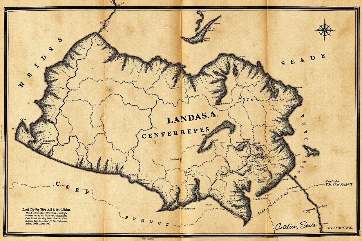a scan of an ancient Cree Anishinaabe land map, printed black and white but has since been stained and weathered