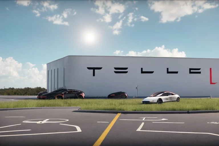 A Tesla 'Model S' is parked, in the 'Kennedy Space Center' in Florida. (CINEMATIC, WIDE ANGLE LENS, PHOTO REAL)