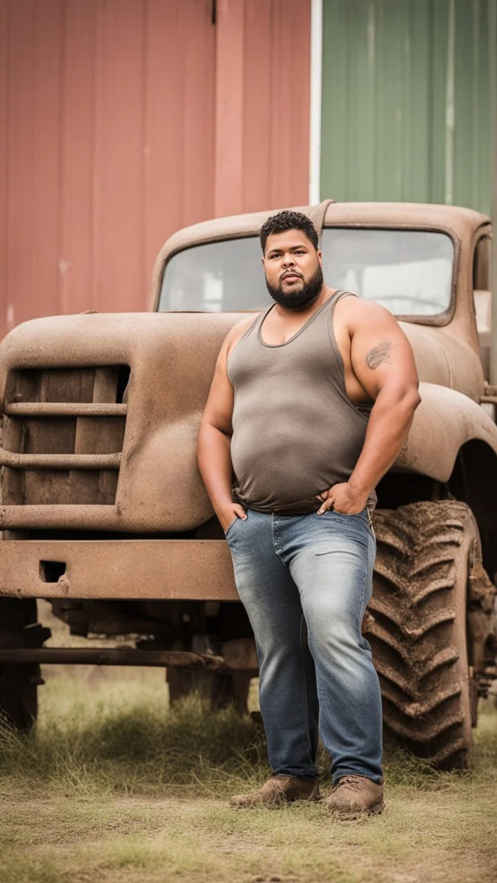 half figure photography of a burly chubby overweight muscular brazilian farmer 25 years old, sweat, short curly hair, tattoo, big goatee, manly chest, dirty tank top and dirty boxer , hand on the fap, tank top with dirty overalls, on the door of a large barn, under the sun