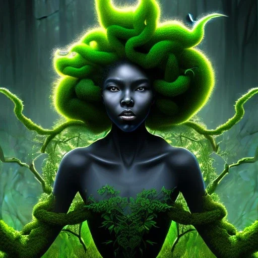 Painting .the face of A young black woman. A wood nymph emerging from the forest. Her hair looks like vines. Dreadlocs. Her skin is the colour of dark soil. Her skin looks like tree bark. Her clothing is made of vines, grass and leaves.