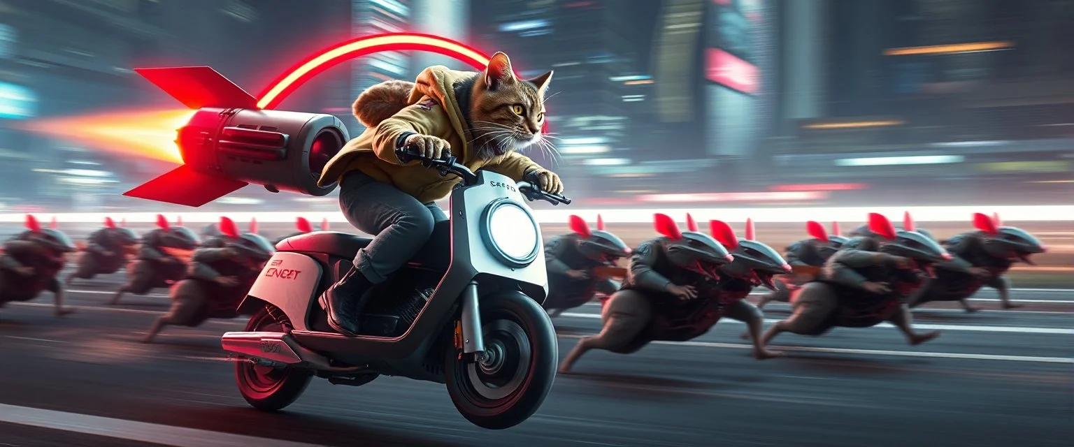 arch rocket ship on leaning scooter in a swing, coated cat captain in high speed pursuit among neon rat cyber soldiers, with background motion blur