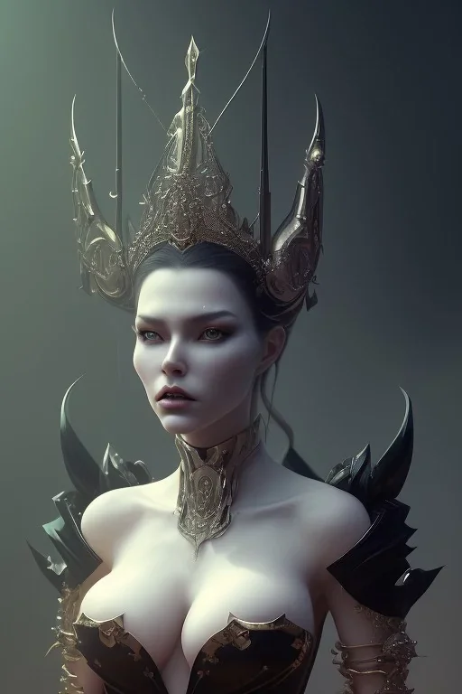 Kim Basingerr as evil queen in black leather, leather, busty, cleavage, angry, stern look. character design by cory loftis, fenghua zhong, ryohei hase, ismail inceoglu and ruan jia. unreal engine 5, artistic lighting, highly detailed, photorealistic, fantasy.