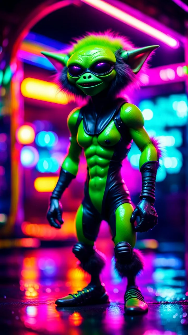 sexy stunt furry hairy alien ninja gremlin in telephone both parked in dark neon lit reflective wet arcade hall tunnel,bokeh like f/0.8, tilt-shift lens 8k, high detail, smooth render, down-light, unreal engine, prize winning