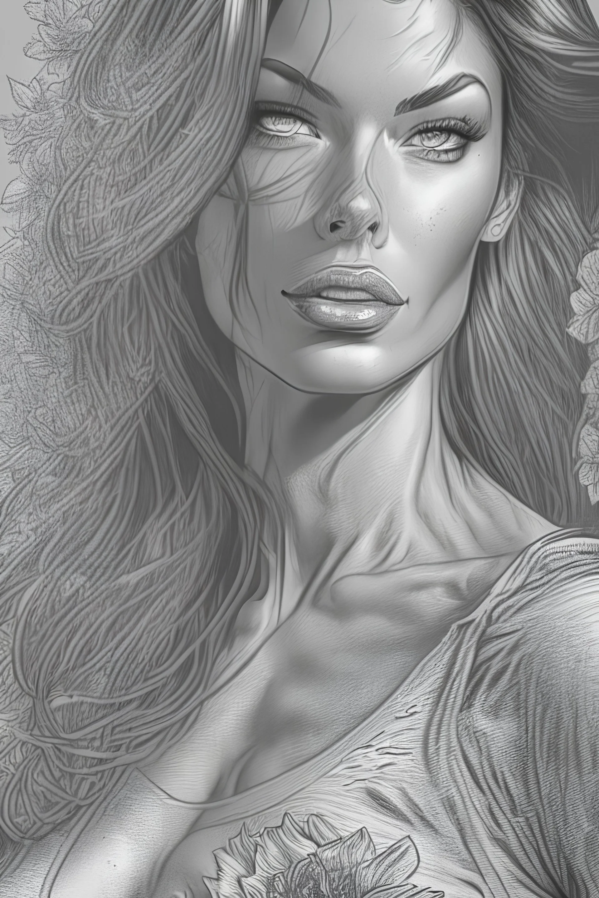 ::ART STYLE Digital inking. Based on pencils by Frank Cho :: ,((Sofía Vergara beautiful woman )), ( detailed eyes and detailed face:1.3), (t-shirt or dress:1.3), (beautiful and clear background:1.2), (extremely detailed, ultra-detailed, best shadow:1.1), bare shoulders, flowers and petals, , (white background:0.5), (illustration :1.1), (extremely fine and beautiful GIRL:1.1), (perfect details:1.1)