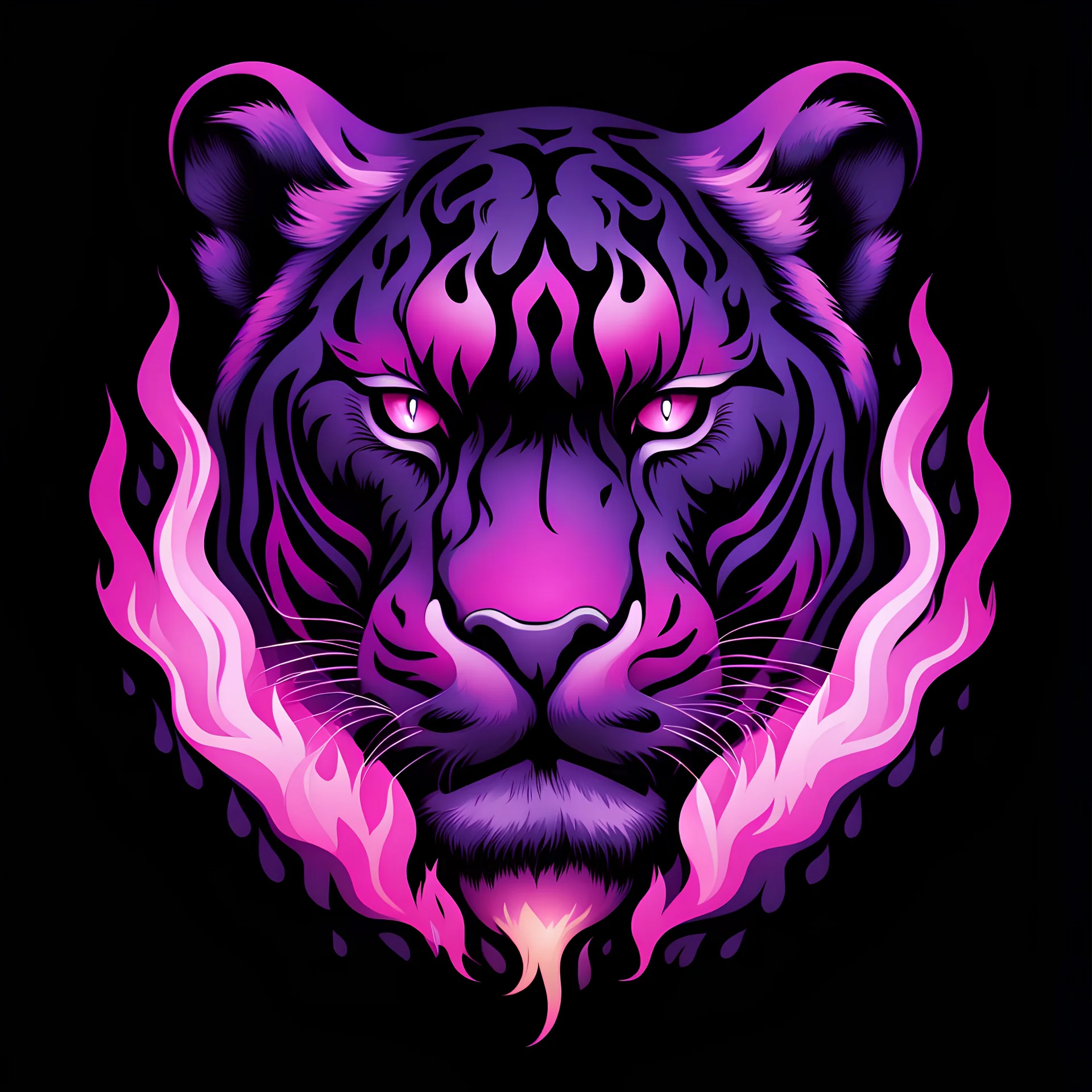 A Panther head in the center, pink and purple flames on the side, black background