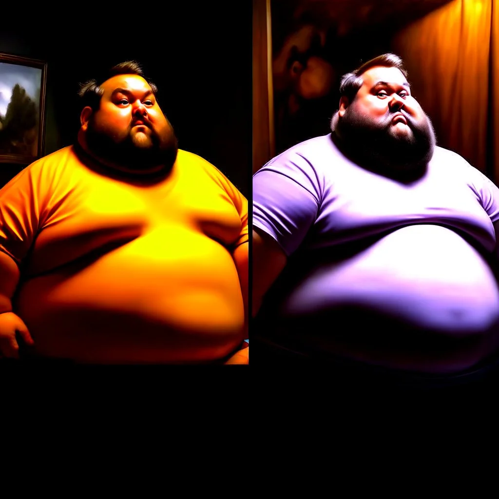 (fineart:1.5, masterpiece1.5) (realism:1.5) award winning picture of award winning fat, beardedd, 'fat man' (watching tv:1.8),, two panels, 50 percent is taken from the pov of the tv, the other 50 percent is from the point of view of 'fat man', his vision streaks of blue from the tv shining in his eyes, breaking news is on tv