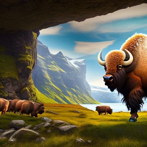 Nærøyfjorden Verdsarvpark, with closeup of an ancient bison, in the style of pixar