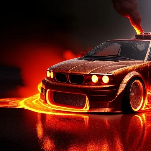 wide view of detailed phong shaded rendering of a car made of molten lava, headlights, bumpres