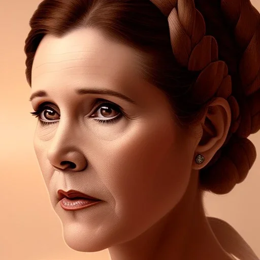  half-length portrait, three-quarter face pose of carrie fisher as Princess Leia in star wars with photo realistic fine and very simple short hair, entrancing deep brown eyes, eos5d mark 4, ef 85mm 5.6, professional majestic photo realistic painting by Ed Blinkey, Atey Ghailan, by Jeremy Mann, Greg Manchess, Antonio Moro, trending on ArtStation, Intricate, High Detail, Sharp focus, dramatic, by greg rutkowski, realism, beautiful and detailed lighting,